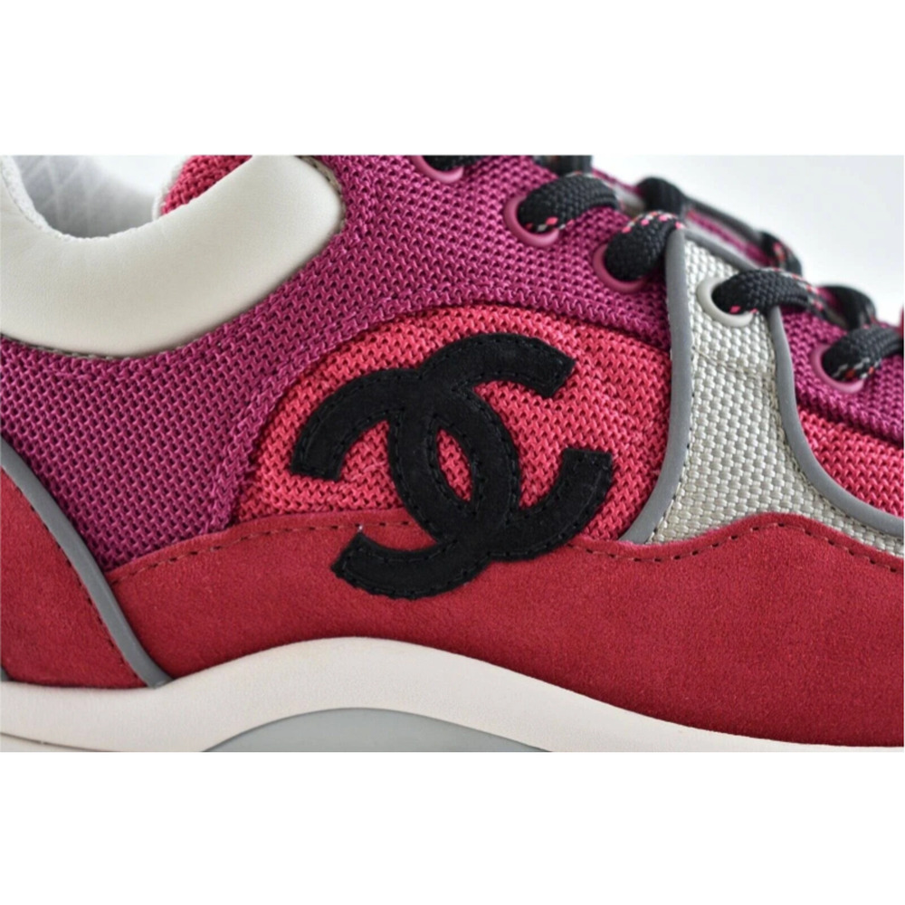 Chanel 21B Pink Black White Silver CC Logo Tie Flat Runner Trainer Sneaker 39 - Picture 5 of 12